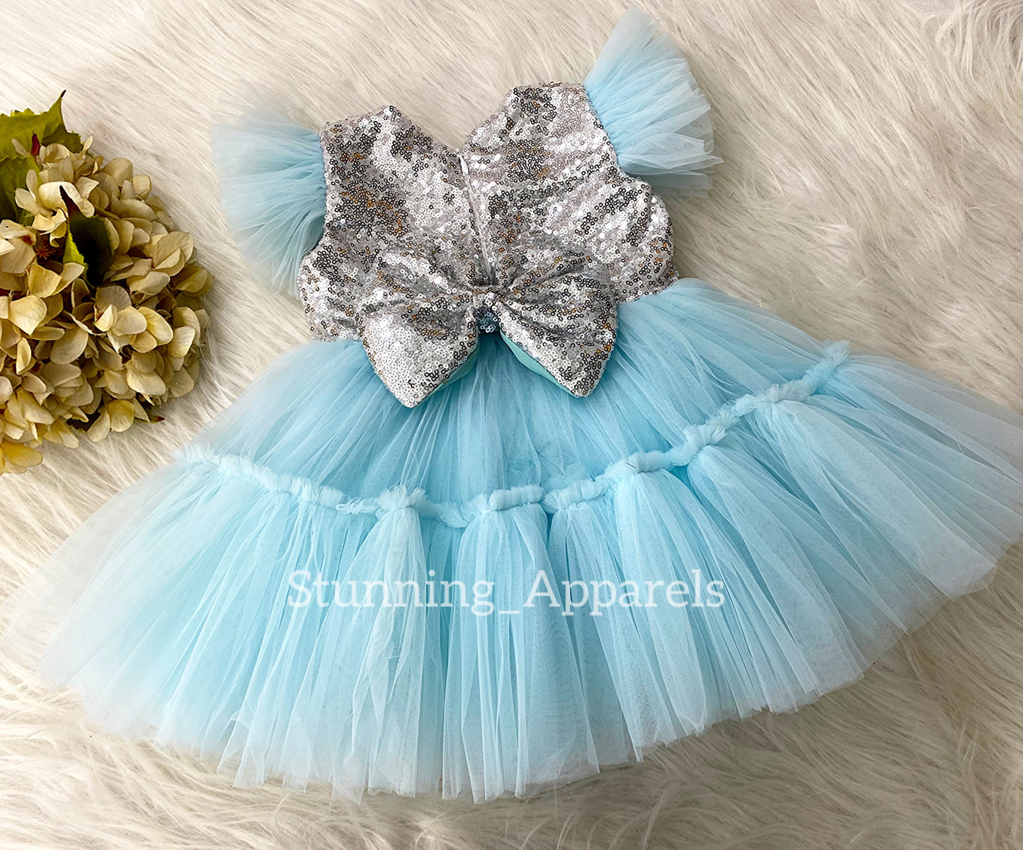 Silver Sequin Bow Sky Blue Ruffled Dress