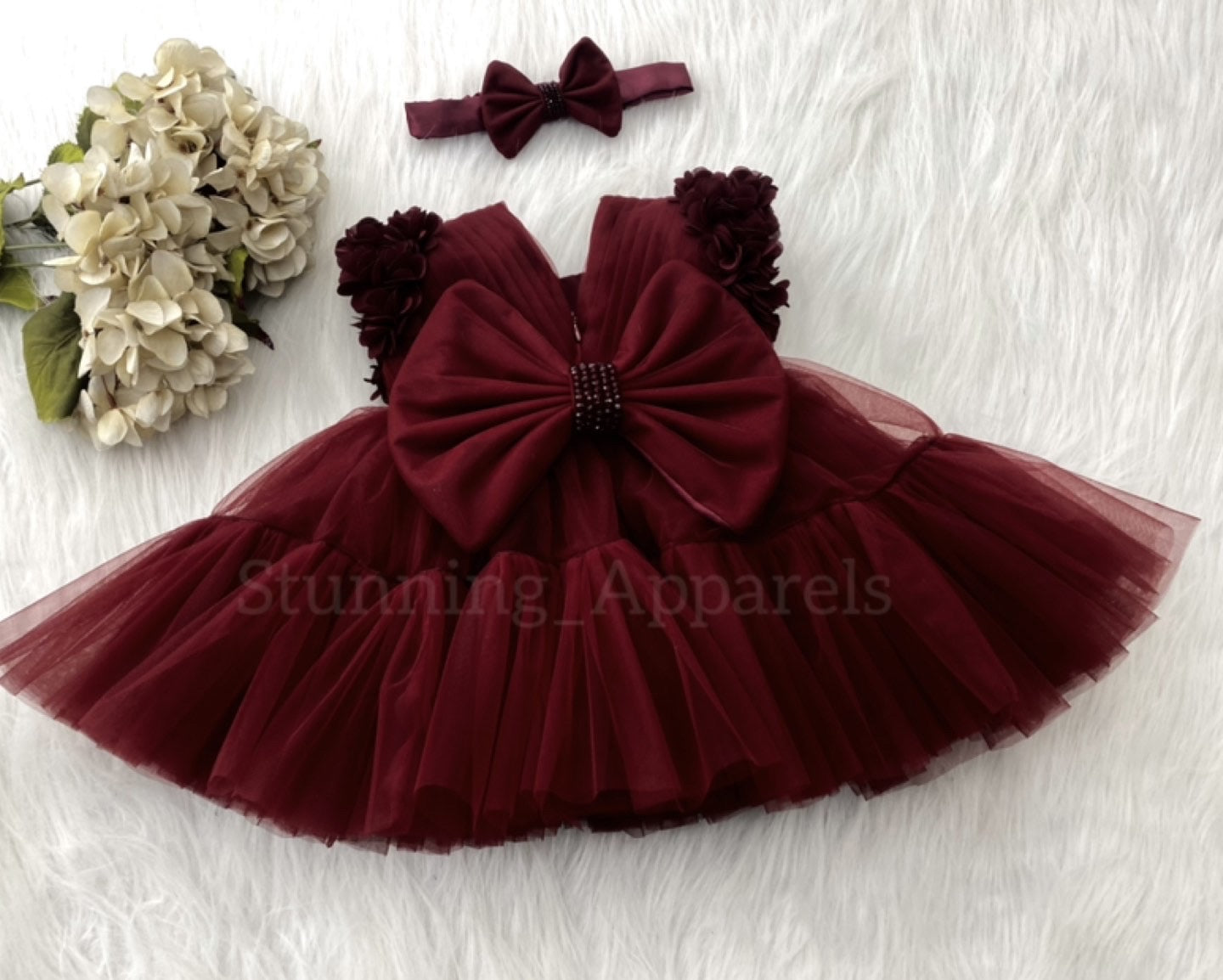 Beautiful Cape Sleeves Flower Work Ruffled Maroon Frock