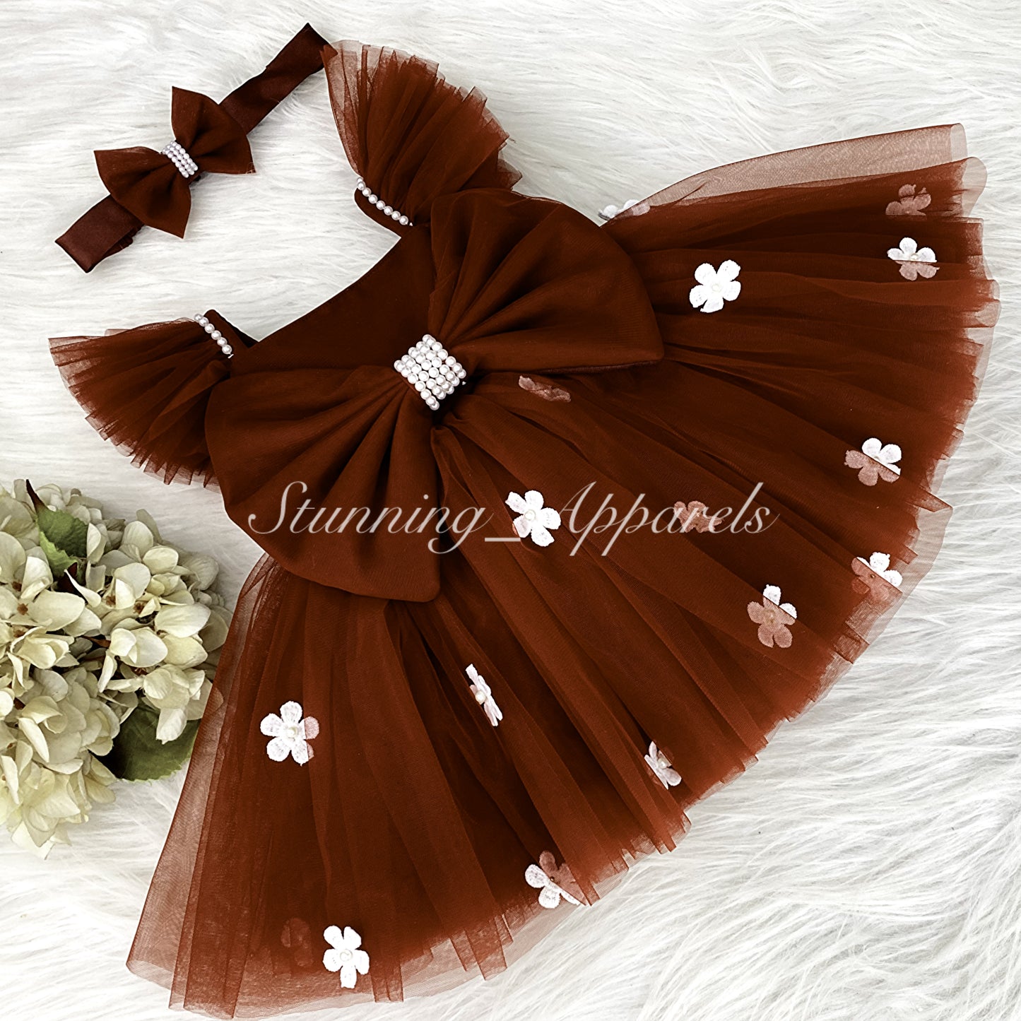 White Flower Work Strapped Sleeves Iron Rust Frock