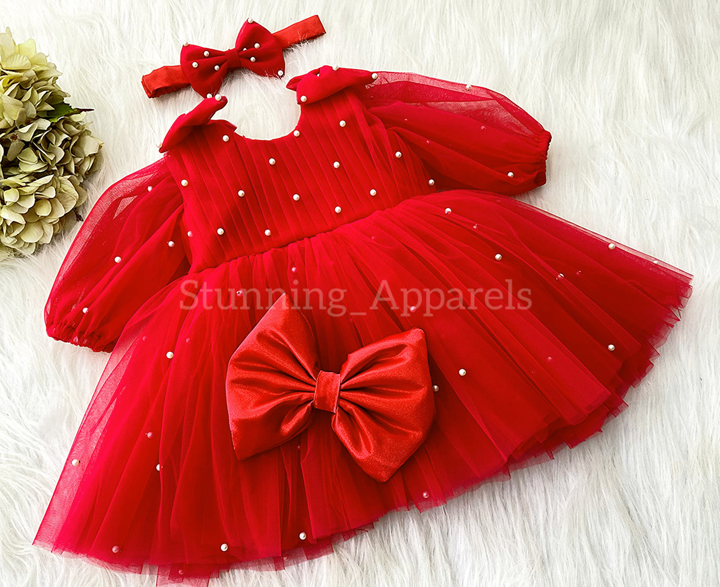 Shoulder Bow Long Puff Sleeves Red dress