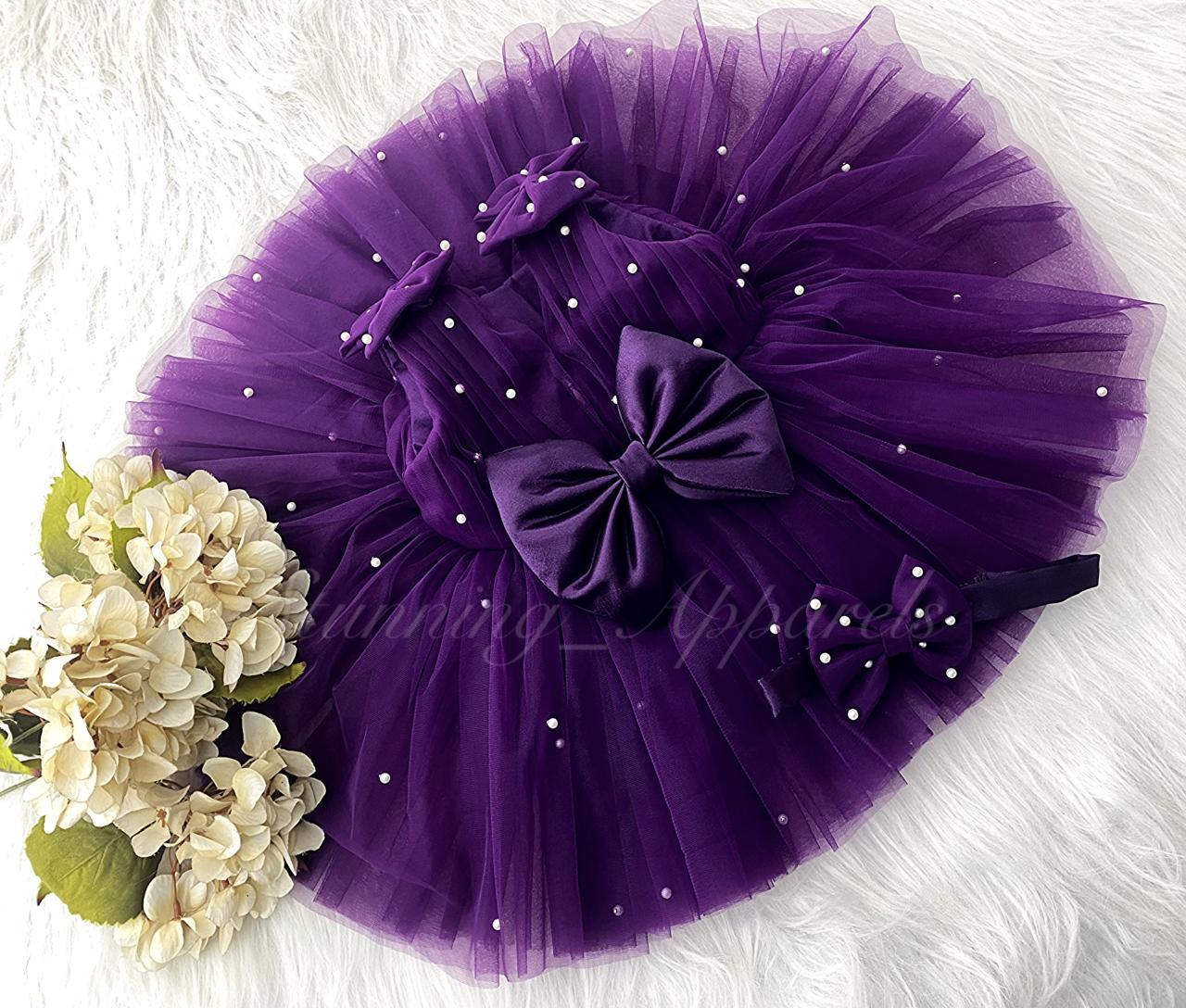 Shoulder Bow Pearls Work Purple Frock