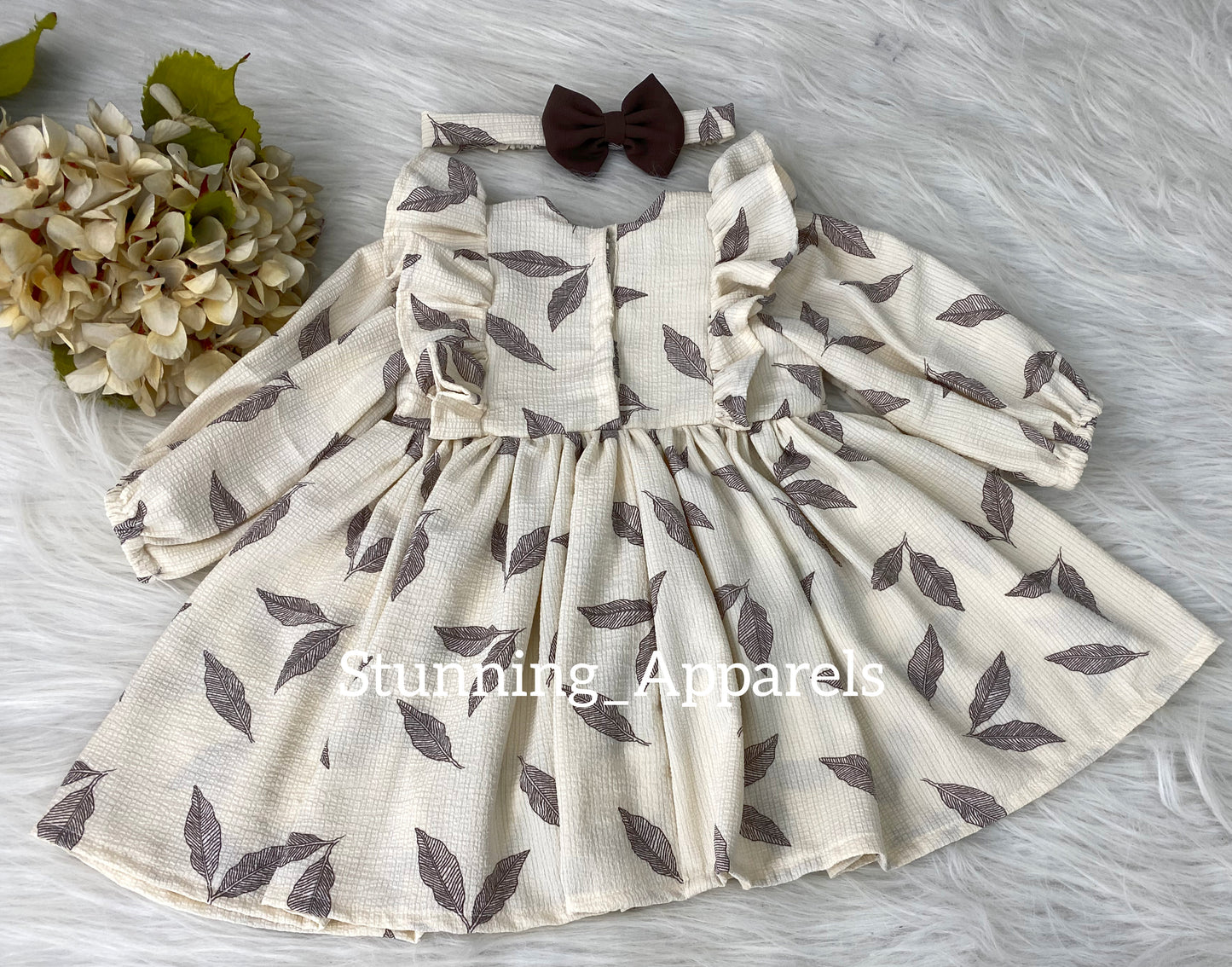 Stylish Long Ruffled Sleeves Printed Cream Dress