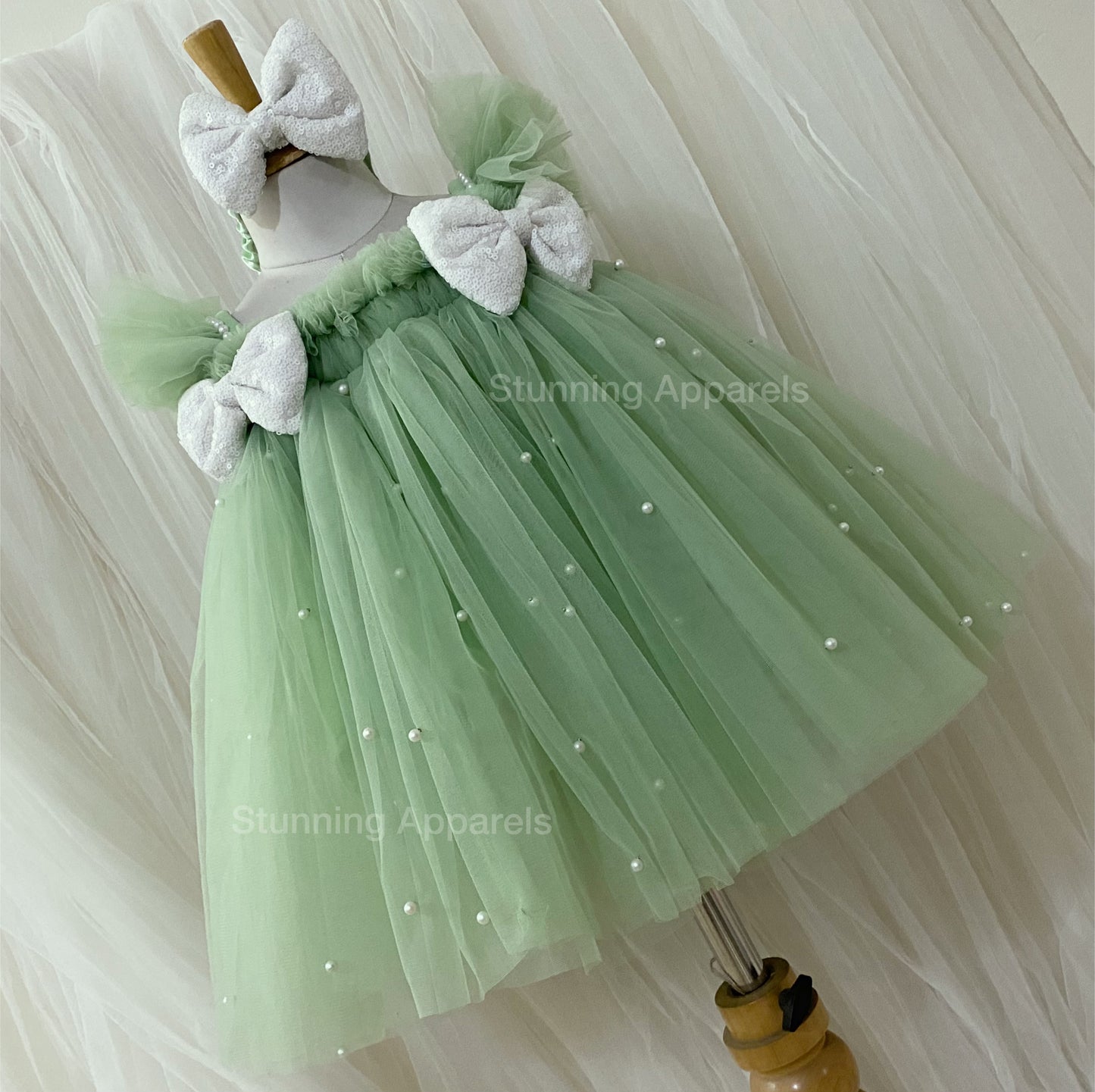 Ruffled Sleeves Strapped Sequins Bow Party Wear Pista Green Umbrella Dress