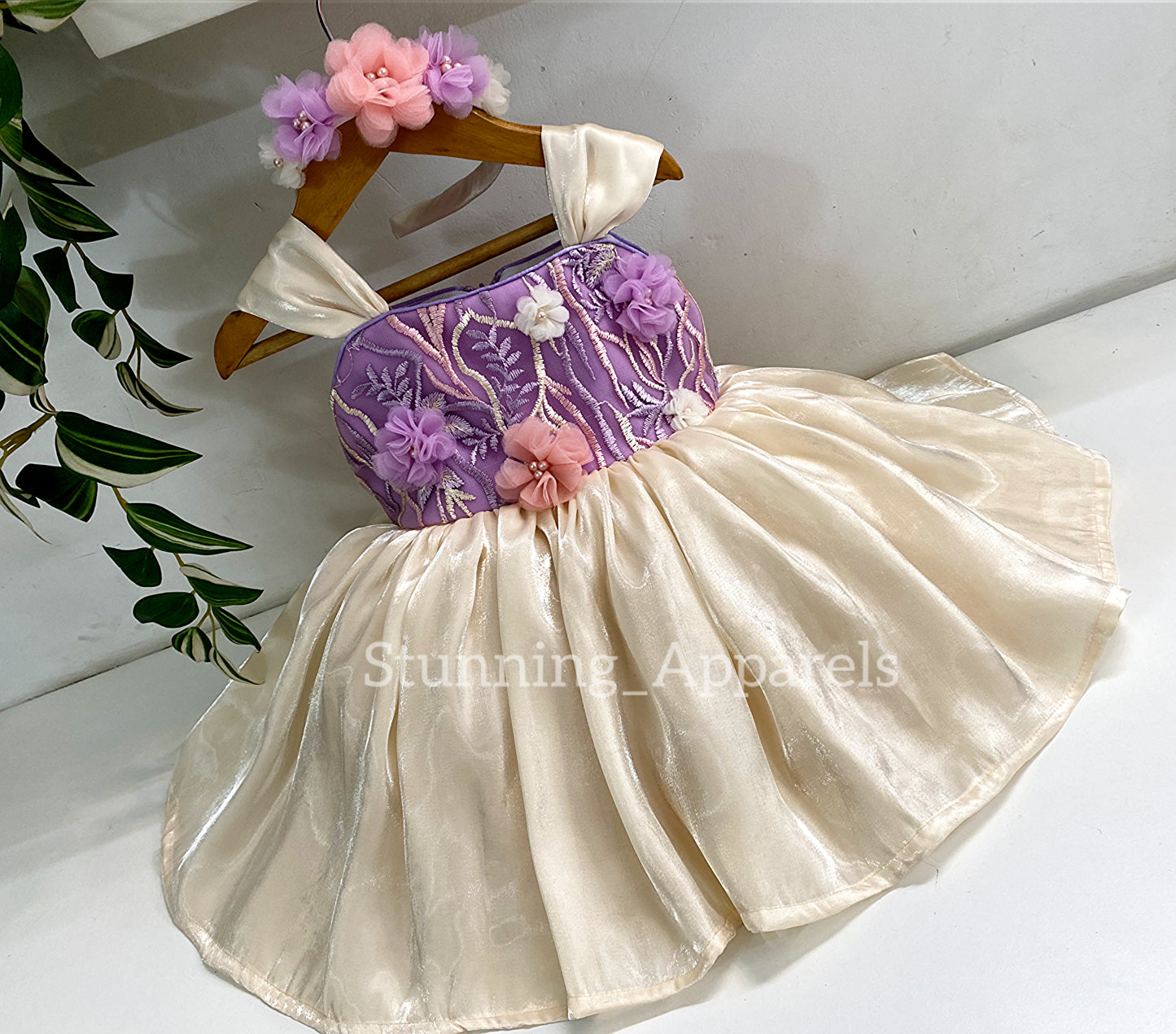 Preety Flower Work Lilac and CreamCombination Dress