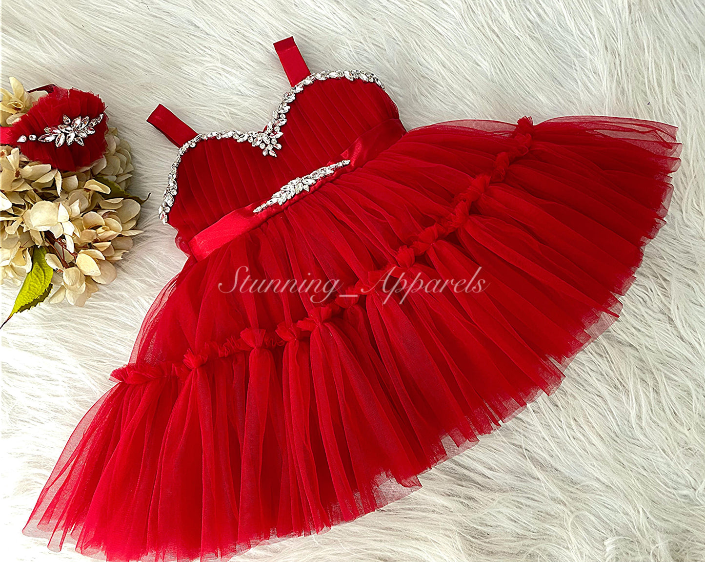 Designer Stone and Diamond Work Ruffled Red Dress