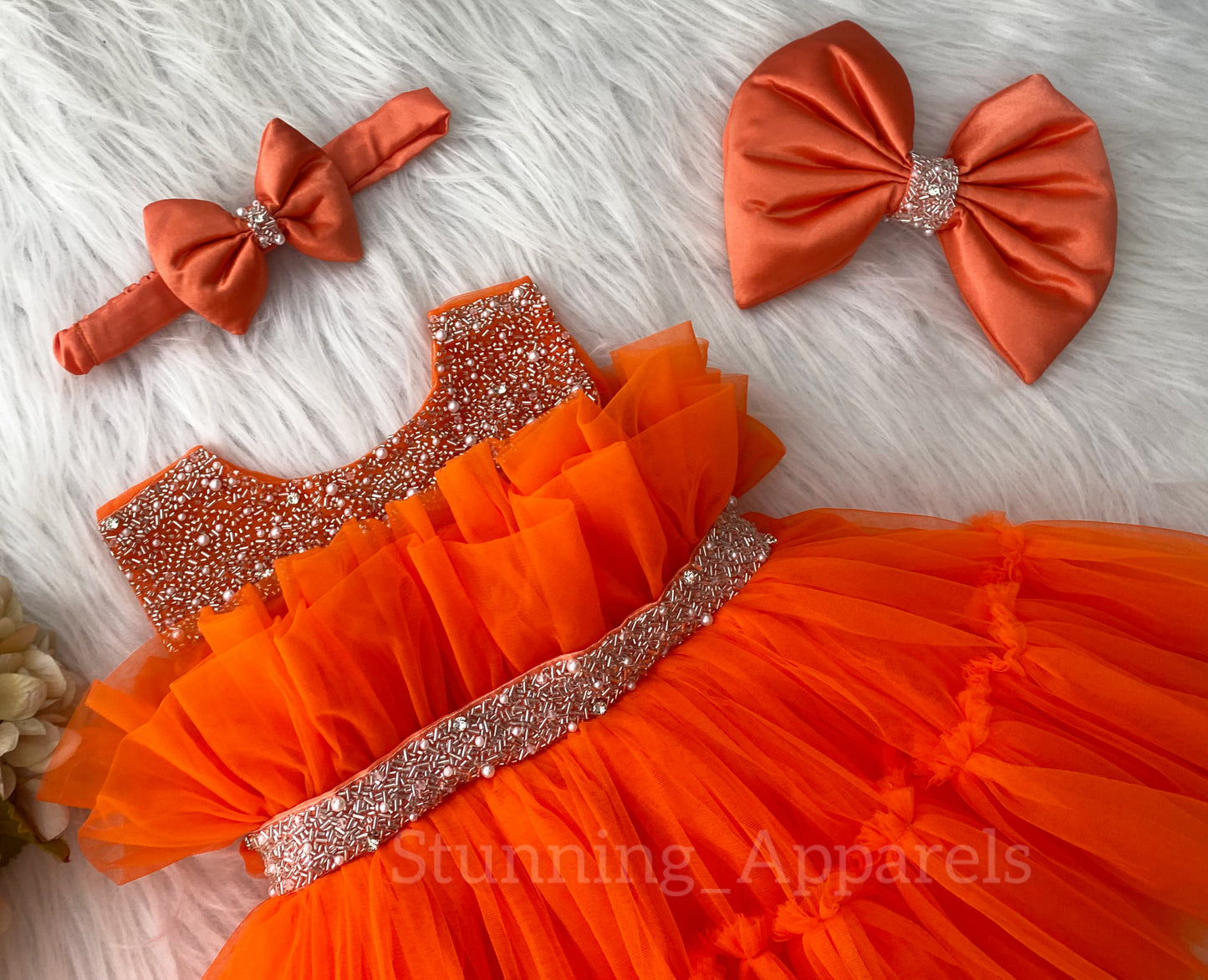 Designer Neckline Hand Work Party Wear Orange Dress