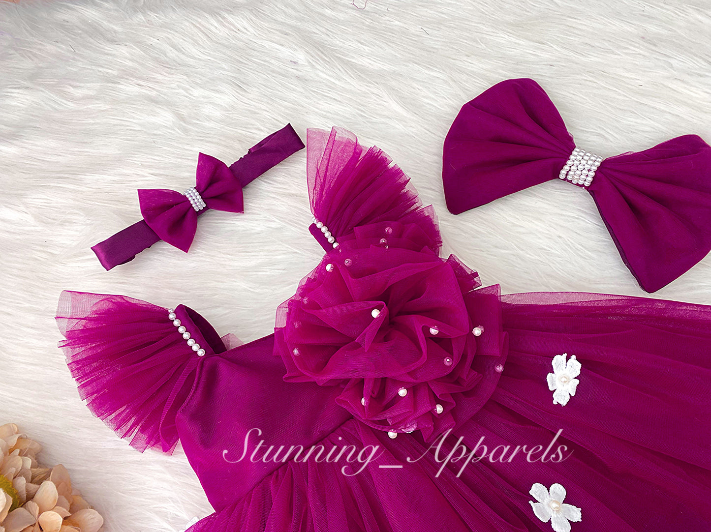 White Flower Work Strapped Sleeves Dark Magenta Pink Frock
