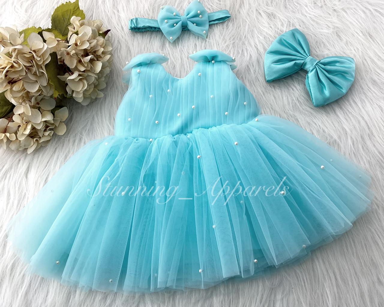 Shoulder Bow White Pearls Work Sky Blue Frock