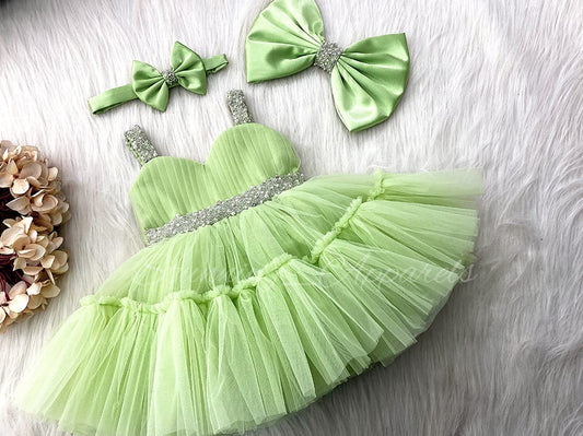 Designer Sweetheart Neckline Hand Work Strapped Pista Green Frock