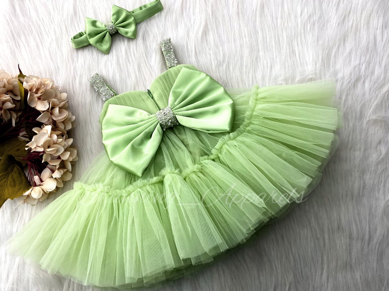 Designer Sweetheart Neckline Hand Work Strapped Pista Green Frock