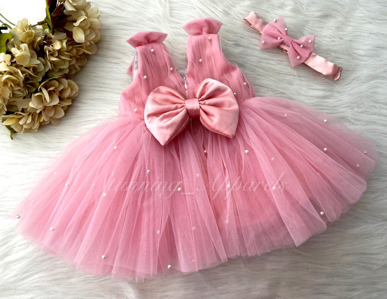 Shoulder Bow White Pearls Work Peach Frock