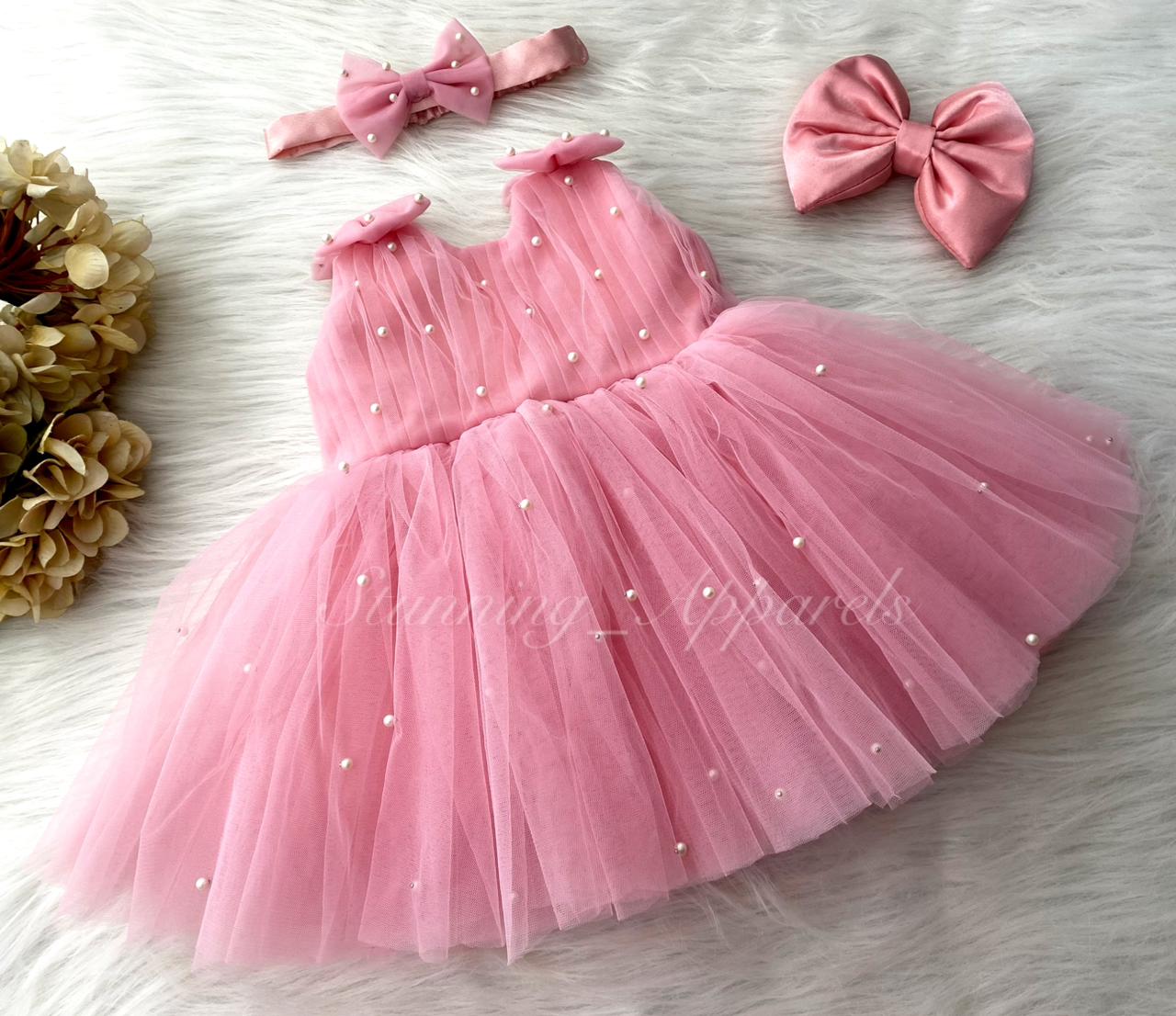 Shoulder Bow White Pearls Work Peach Frock