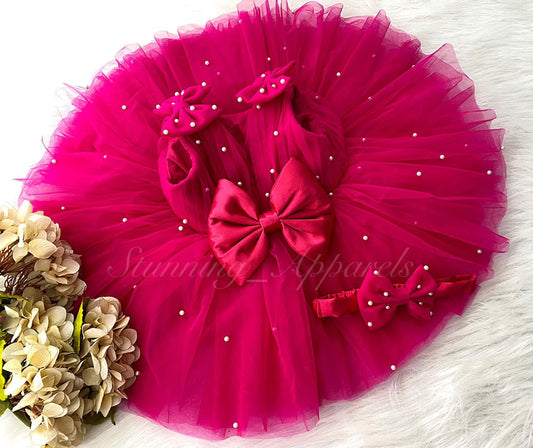 Shoulder Bow Pearls Work Magenta Pink Frock