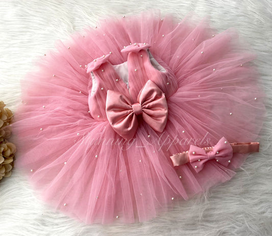 Shoulder Bow White Pearls Work Peach Frock
