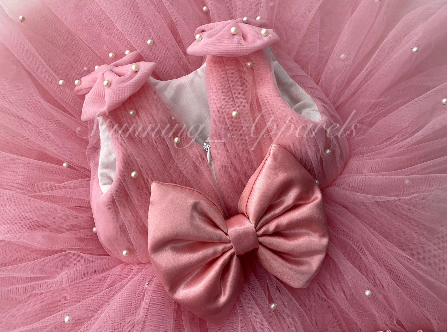 Shoulder Bow White Pearls Work Peach Frock