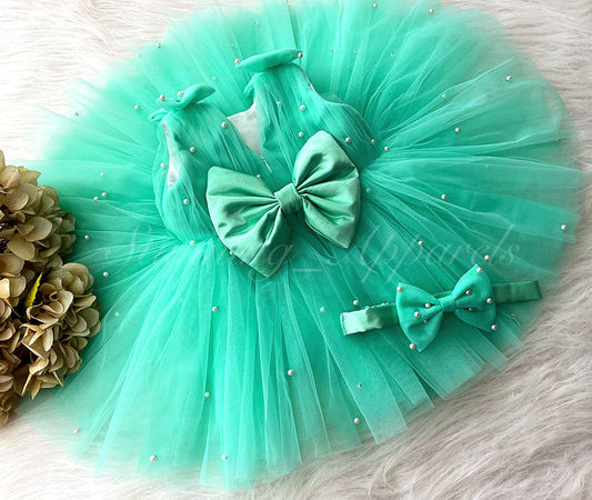 Shoulder Bow White Pearls Work Sea Green Frock