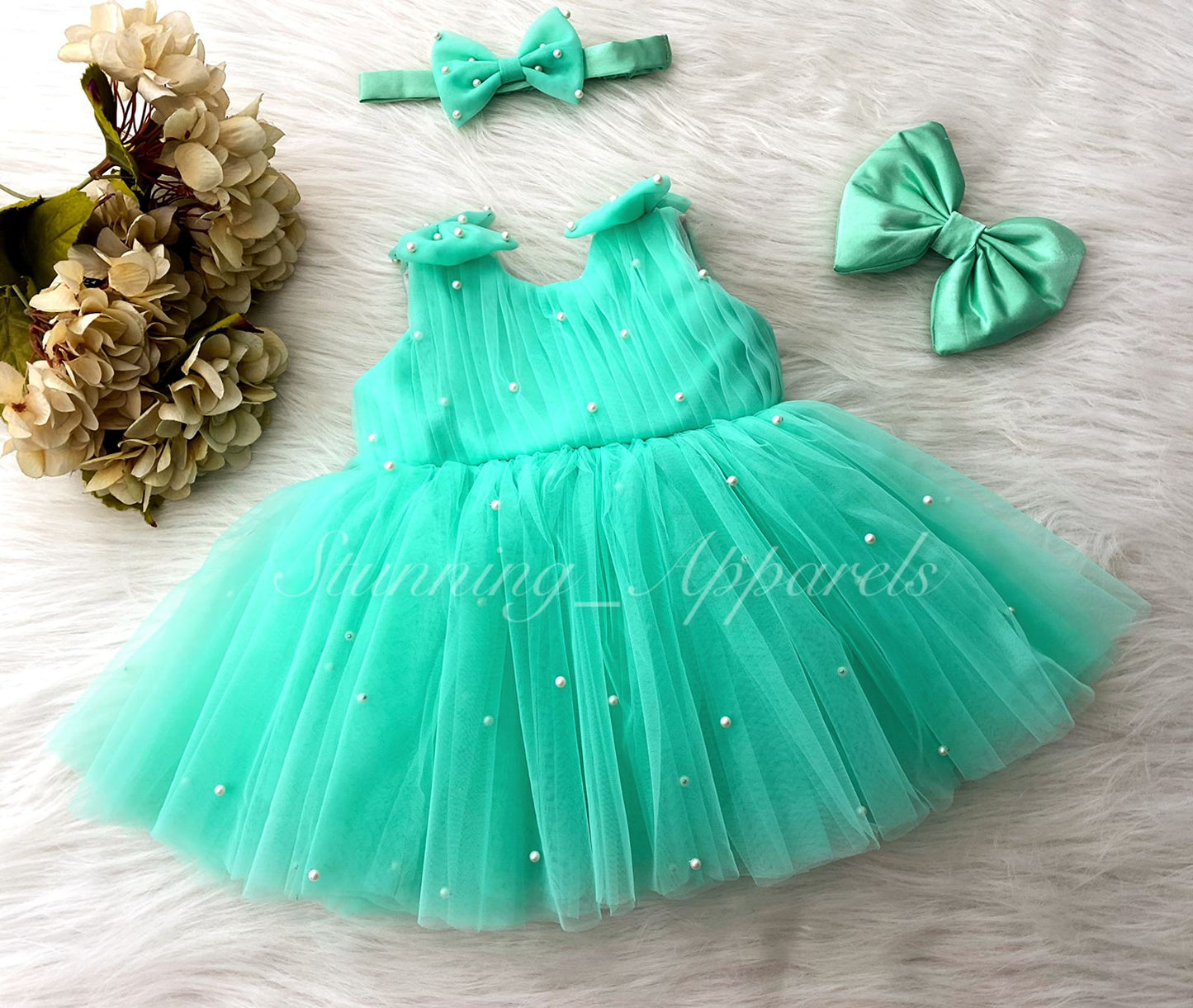 Shoulder Bow White Pearls Work Sea Green Frock