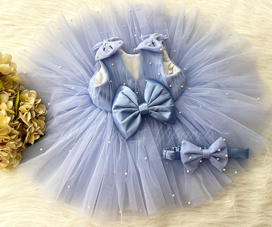 Shoulder Bow White Pearls Work Pastel Blue Frock