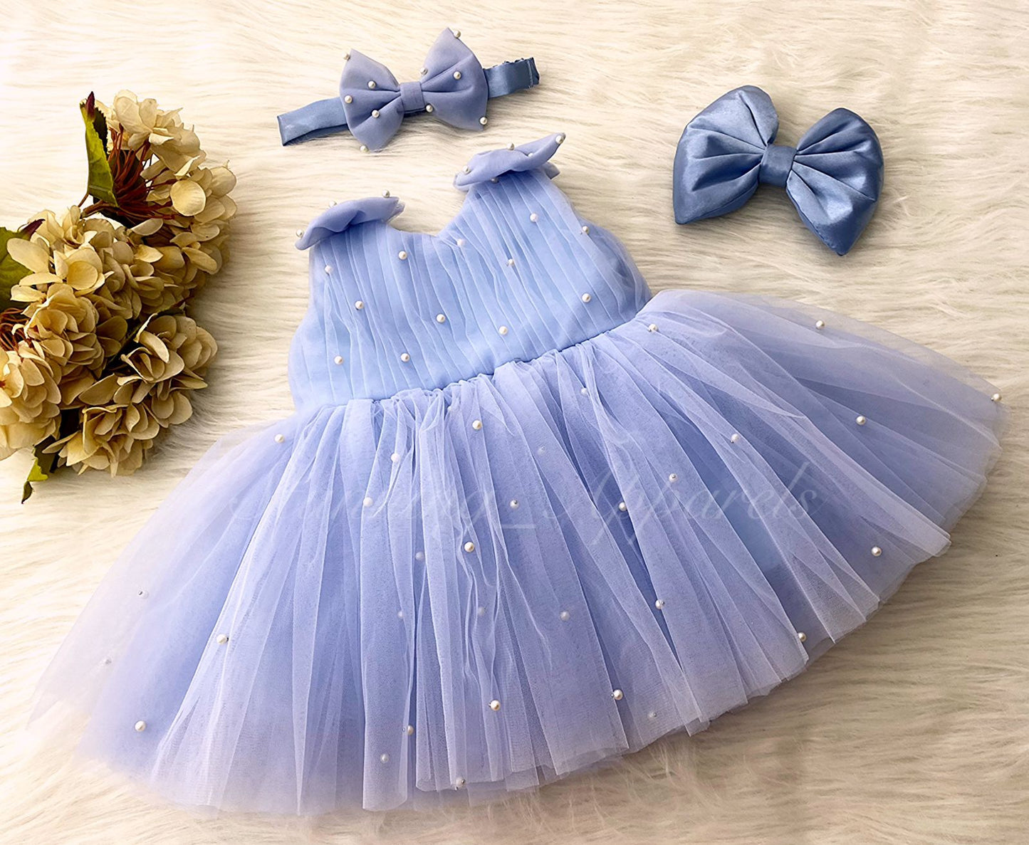 Shoulder Bow White Pearls Work Pastel Blue Frock