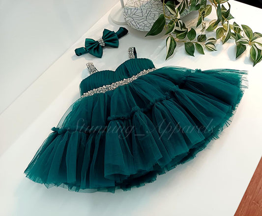 Designer Sweetheart Neckline Hand Work Strapped Peacock Green Frock