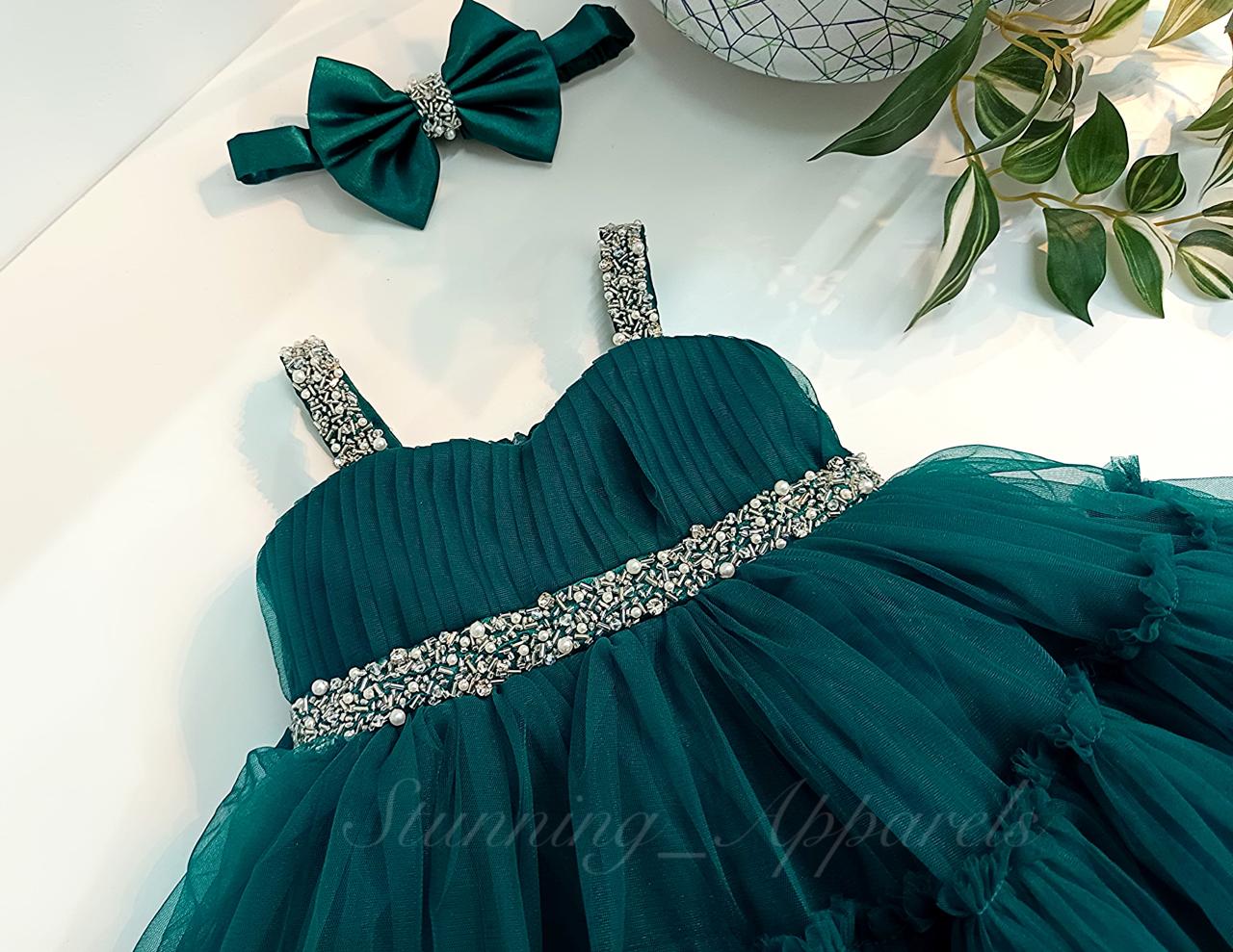 Designer Sweetheart Neckline Hand Work Strapped Peacock Green Frock