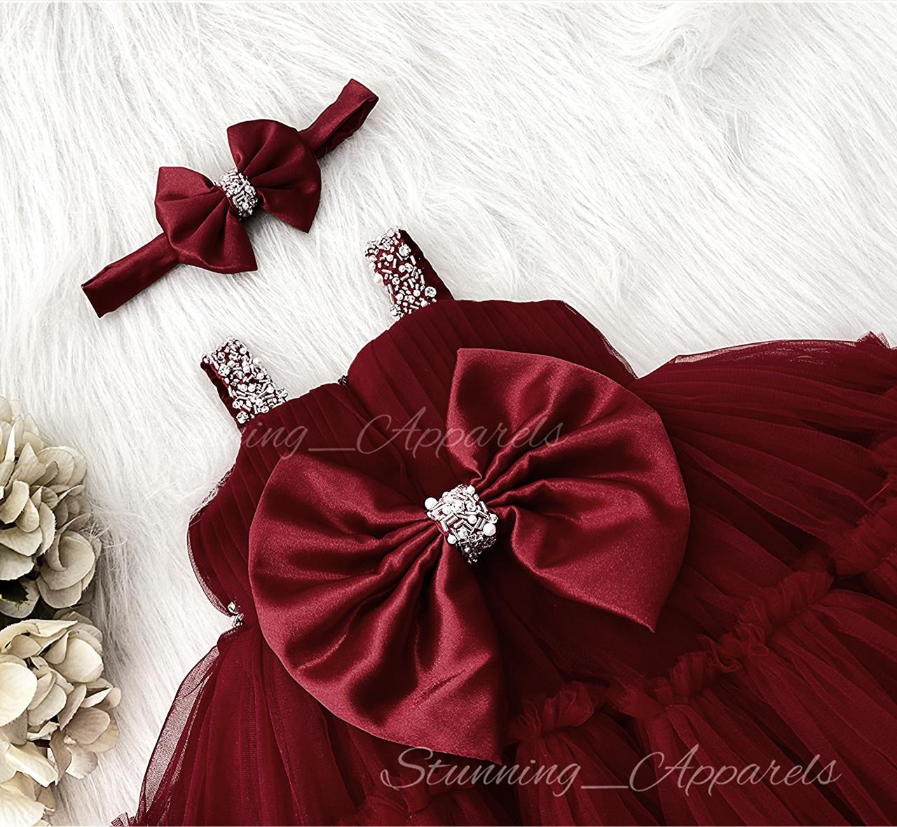Designer Sweetheart Neckline Hand Work Strapped Maroon Frock