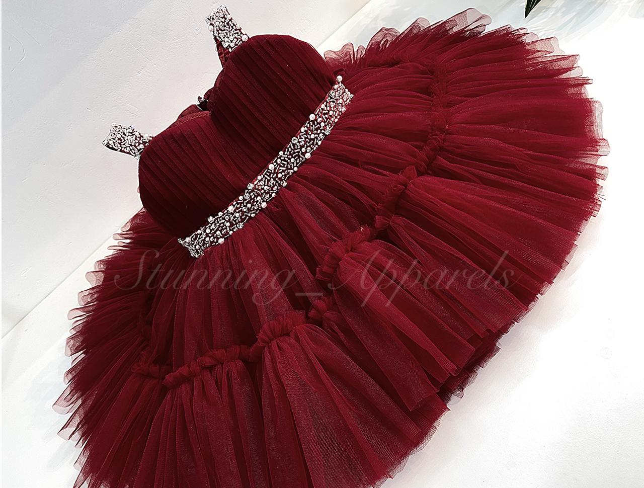 Designer Sweetheart Neckline Hand Work Strapped Maroon Frock