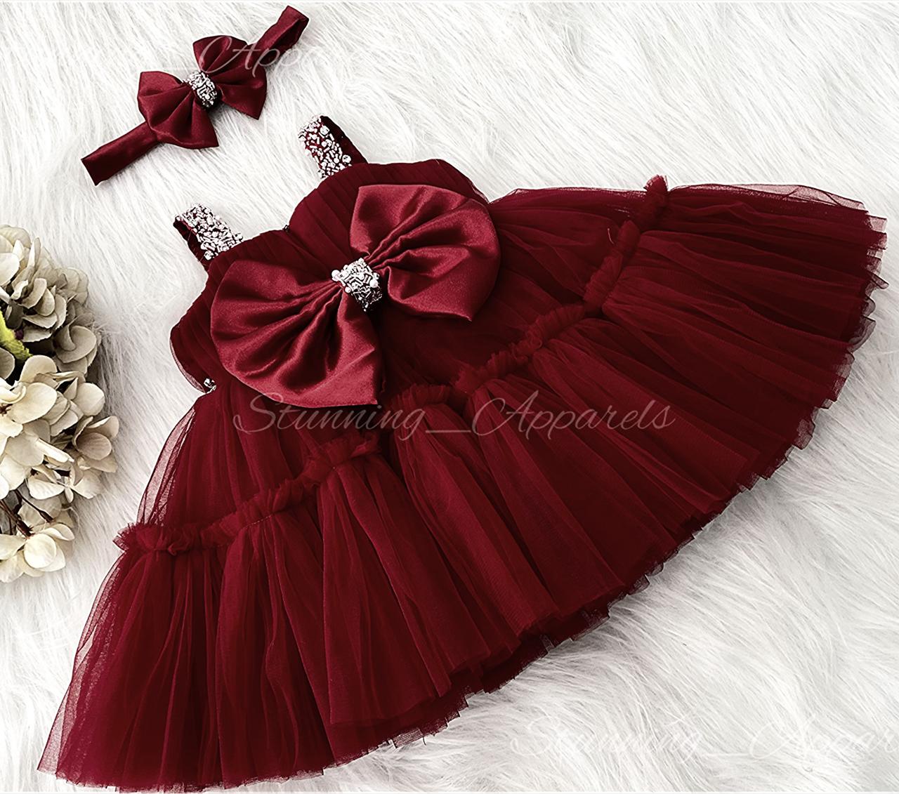 Designer Sweetheart Neckline Hand Work Strapped Maroon Frock