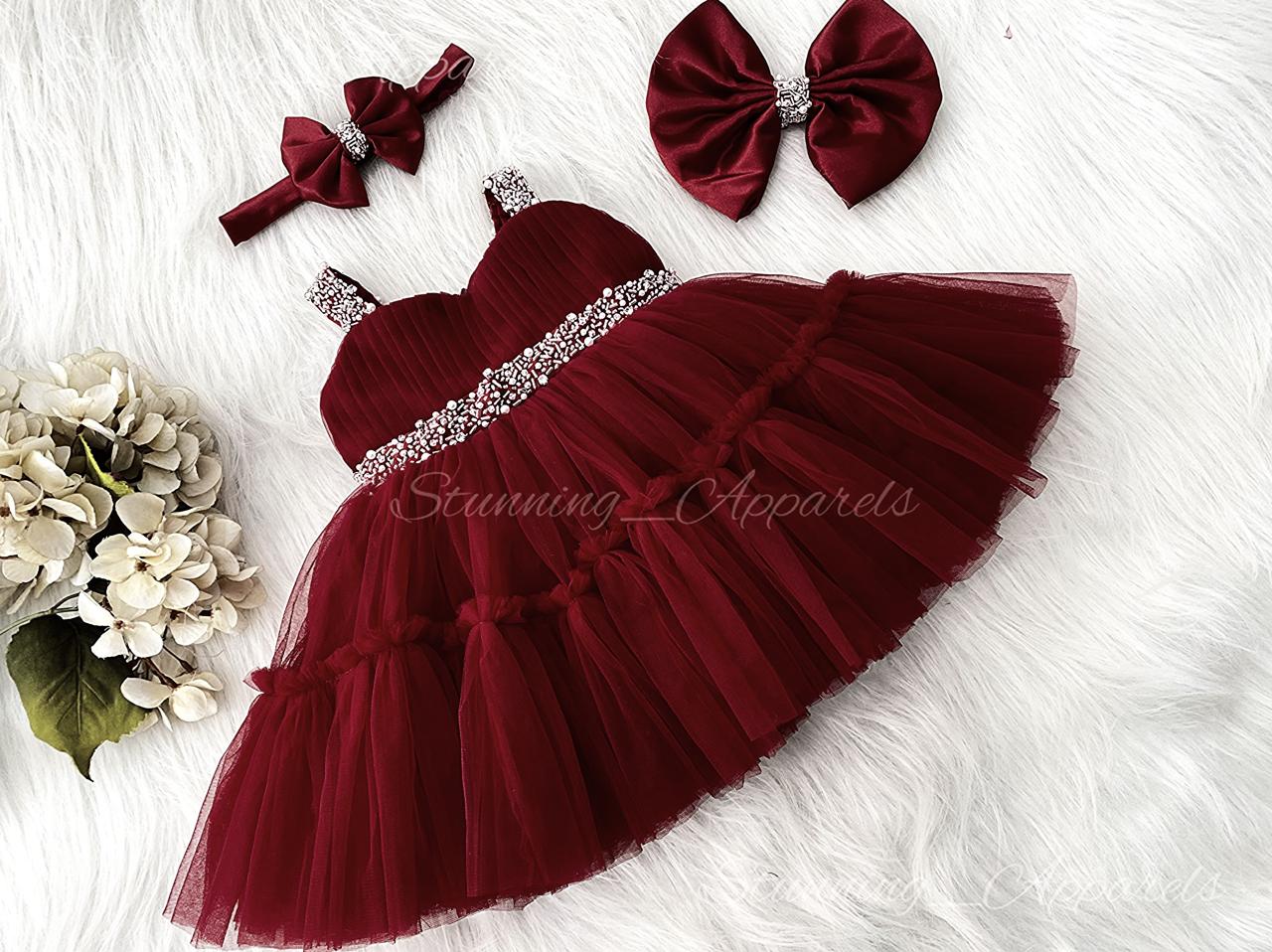 Designer Sweetheart Neckline Hand Work Strapped Maroon Frock
