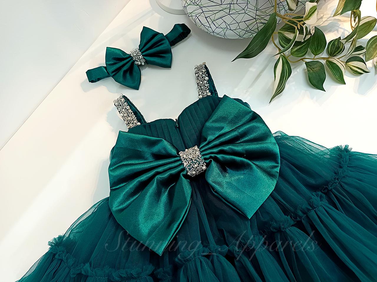 Designer Sweetheart Neckline Hand Work Strapped Peacock Green Frock