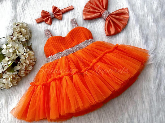 Designer Sweetheart Neckline Hand Work Strapped Orange Frock