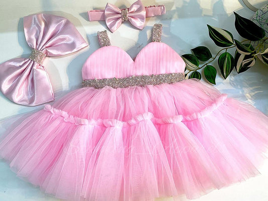 Designer Sweetheart Neckline Hand Work Baby Pink Frock