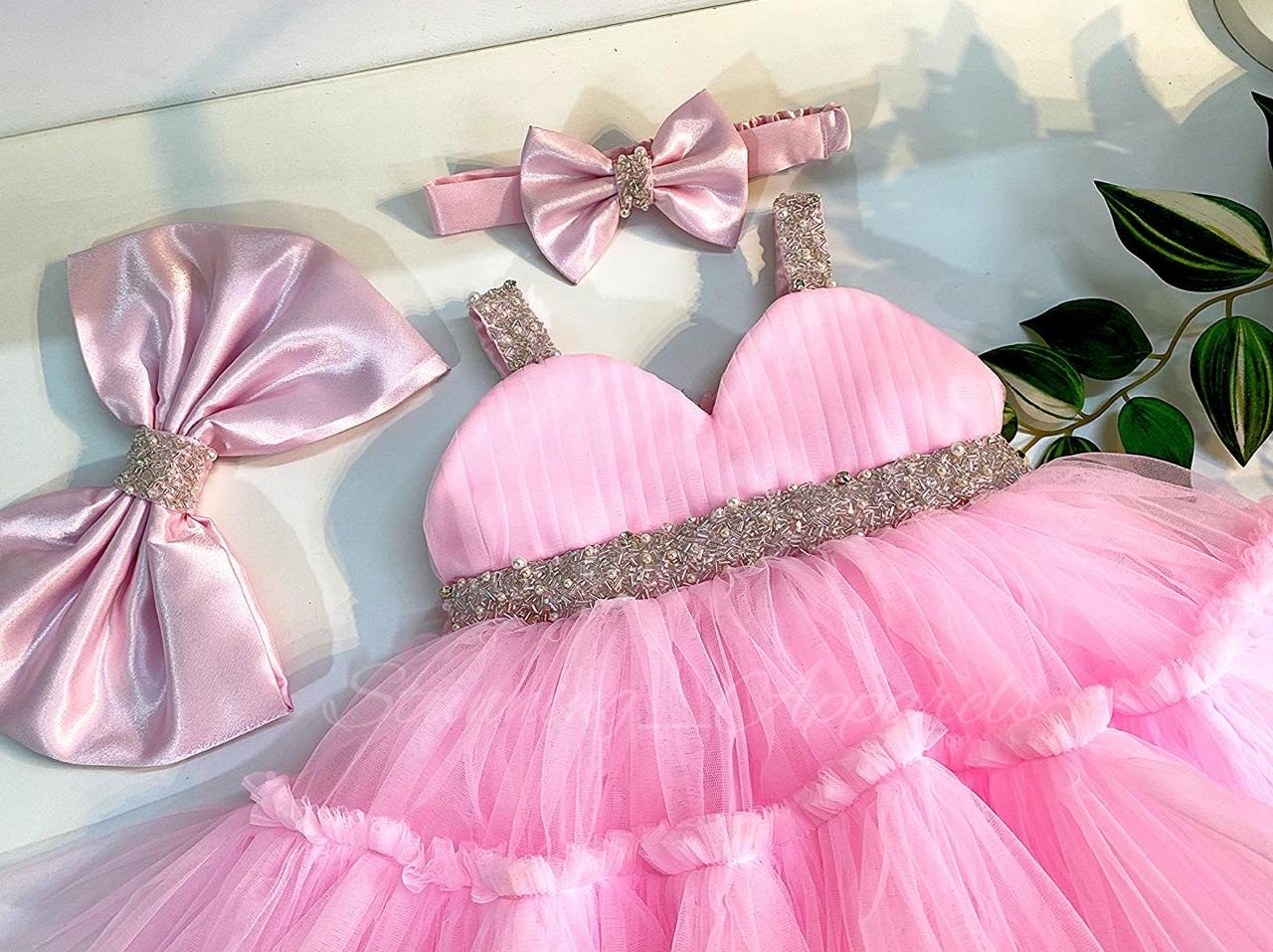 Designer Sweetheart Neckline Hand Work Baby Pink Frock