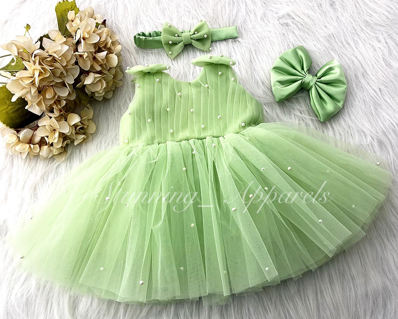Shoulder Bow White Pearls Work Pista Green Frock