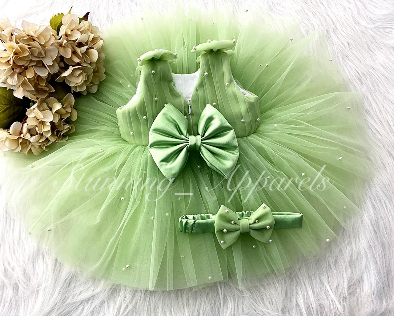 Shoulder Bow White Pearls Work Pista Green Frock