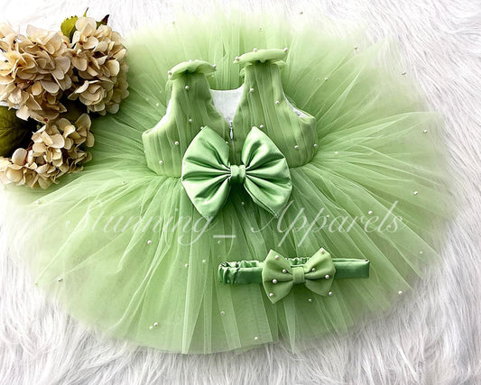 Shoulder Bow White Pearls Work Pista Green Frock