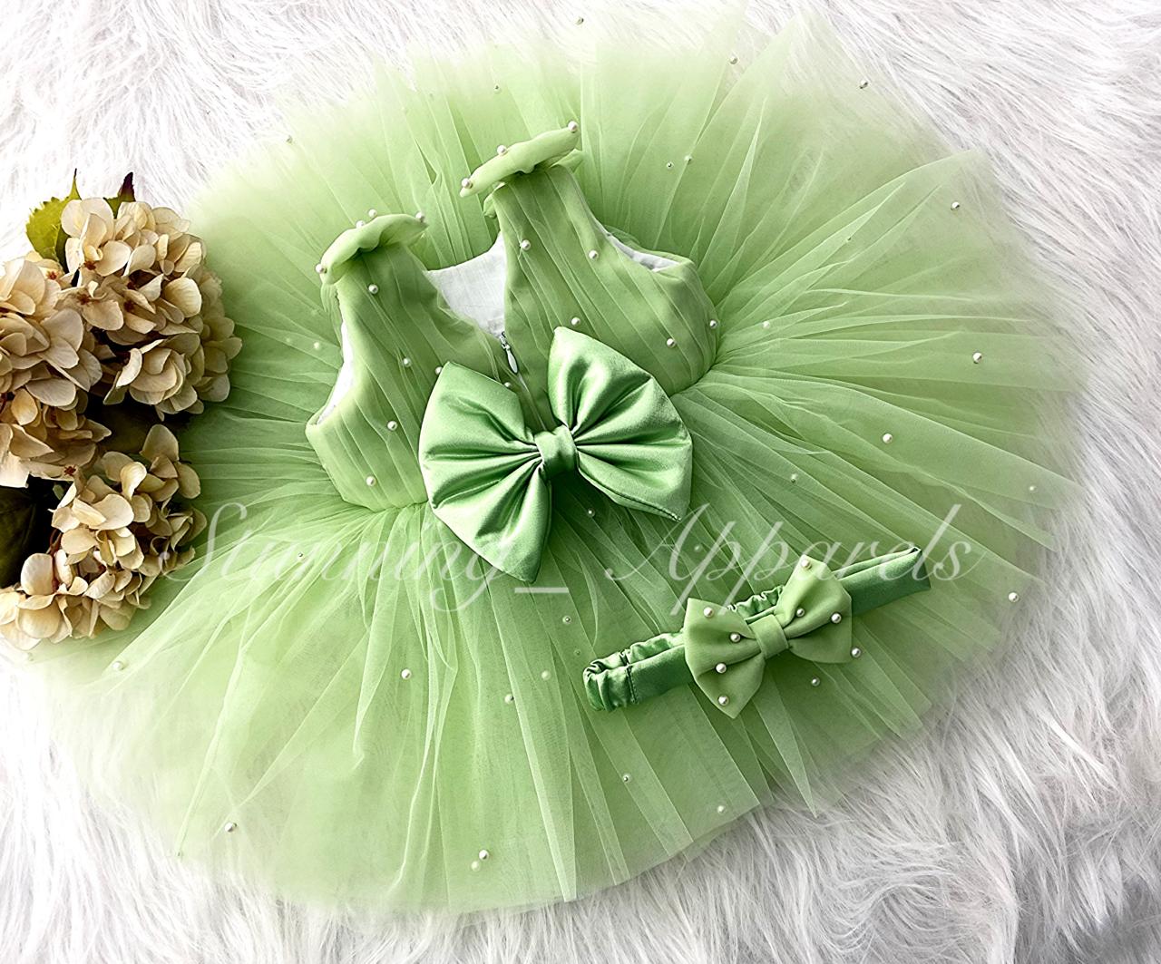 Shoulder Bow White Pearls Work Pista Green Frock