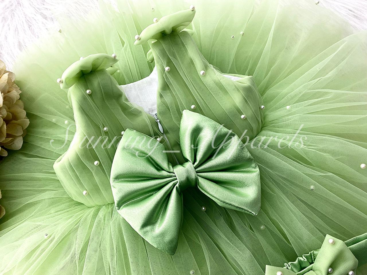 Shoulder Bow White Pearls Work Pista Green Frock
