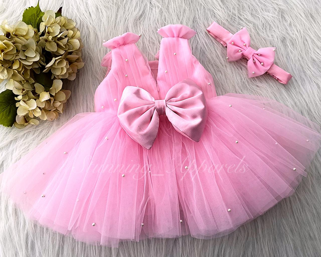 Shoulder Bow White Pearls Work Baby Pink Frock