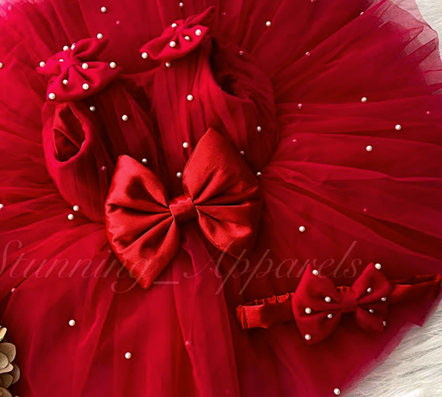 Shoulder Bow White Pearls Work Red Frock