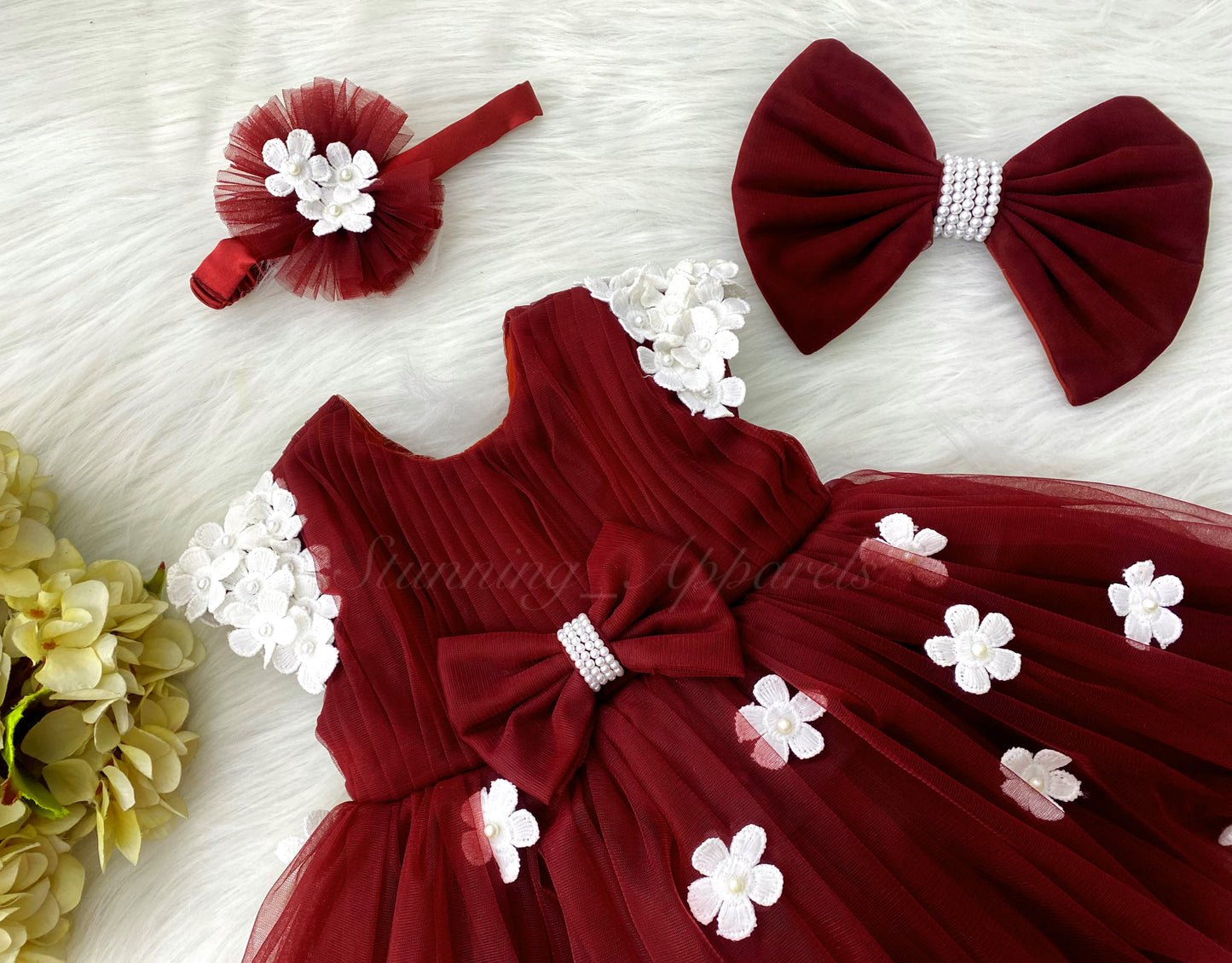Cute White Flower Work Cape Sleeves Maroon Frock