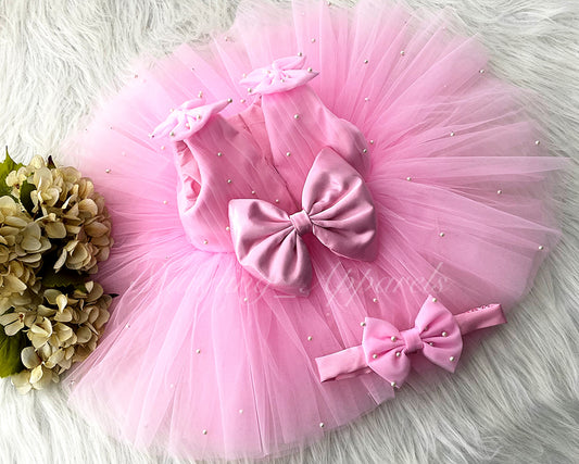Shoulder Bow White Pearls Work Baby Pink Frock