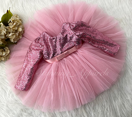 Stylish Long Sleeves Satin Bow Party Wear Peach Frock
