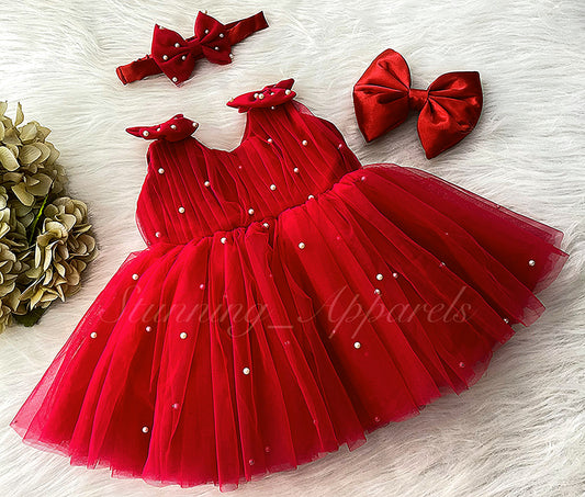 Shoulder Bow White Pearls Work Red Frock