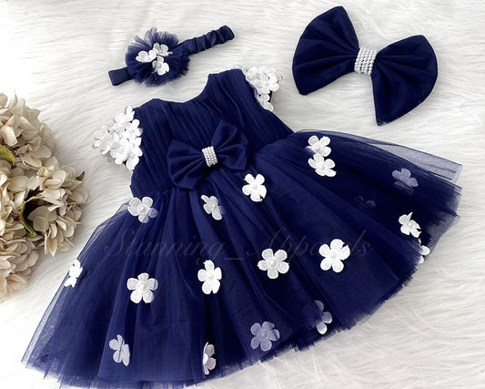 Cute White Flower Work Cape Sleeves Navy Blue Frock
