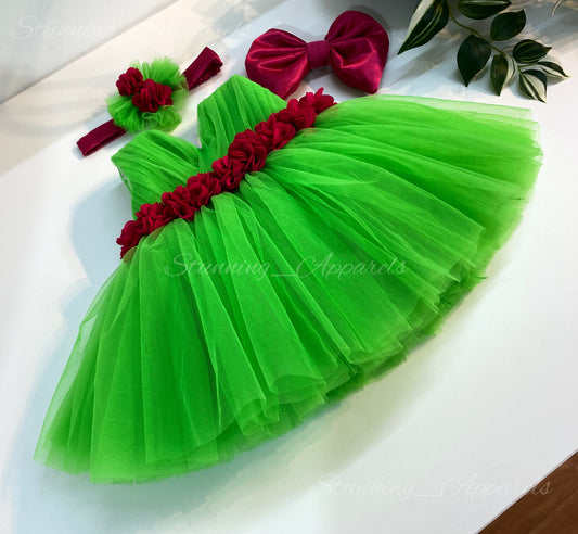 Waist Line Magenta Flower Work Parrot Green Frock
