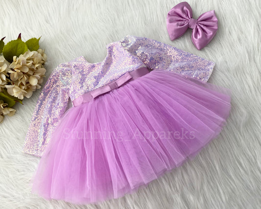 Stylish Long Sleeves Satin Bow Party Wear Light Lavender Frock