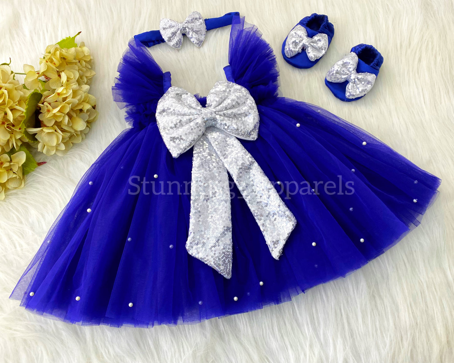Silver Sequins Bow Party Wear Royal Blue Umbrella Dress