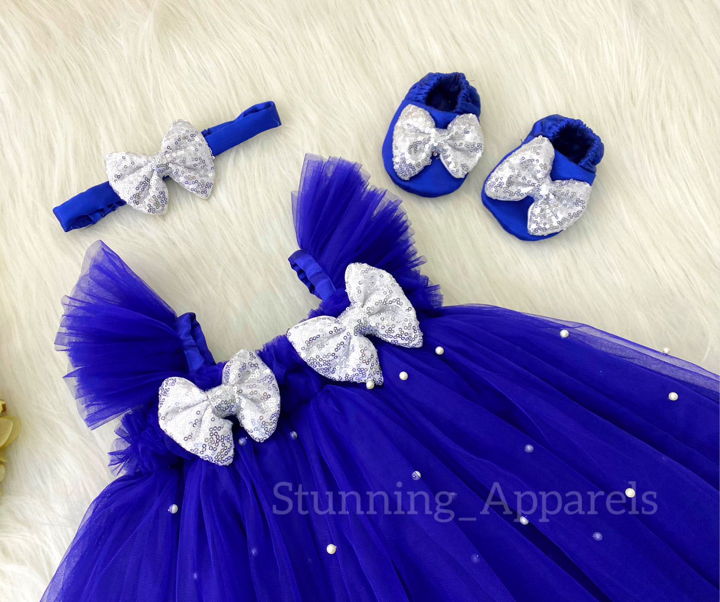 Silver Sequins Bow Party Wear Royal Blue Umbrella Dress