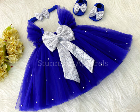 Silver Sequins Bow Party Wear Royal Blue Umbrella Dress
